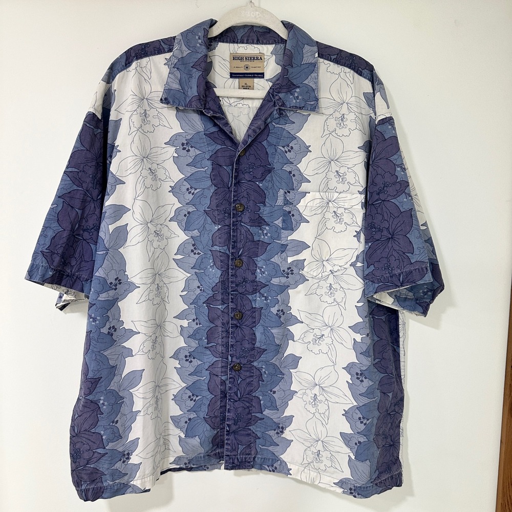 High Sierra Floral Stripe Button Up Shirt Mens XL Blue White Cotton | Coastal